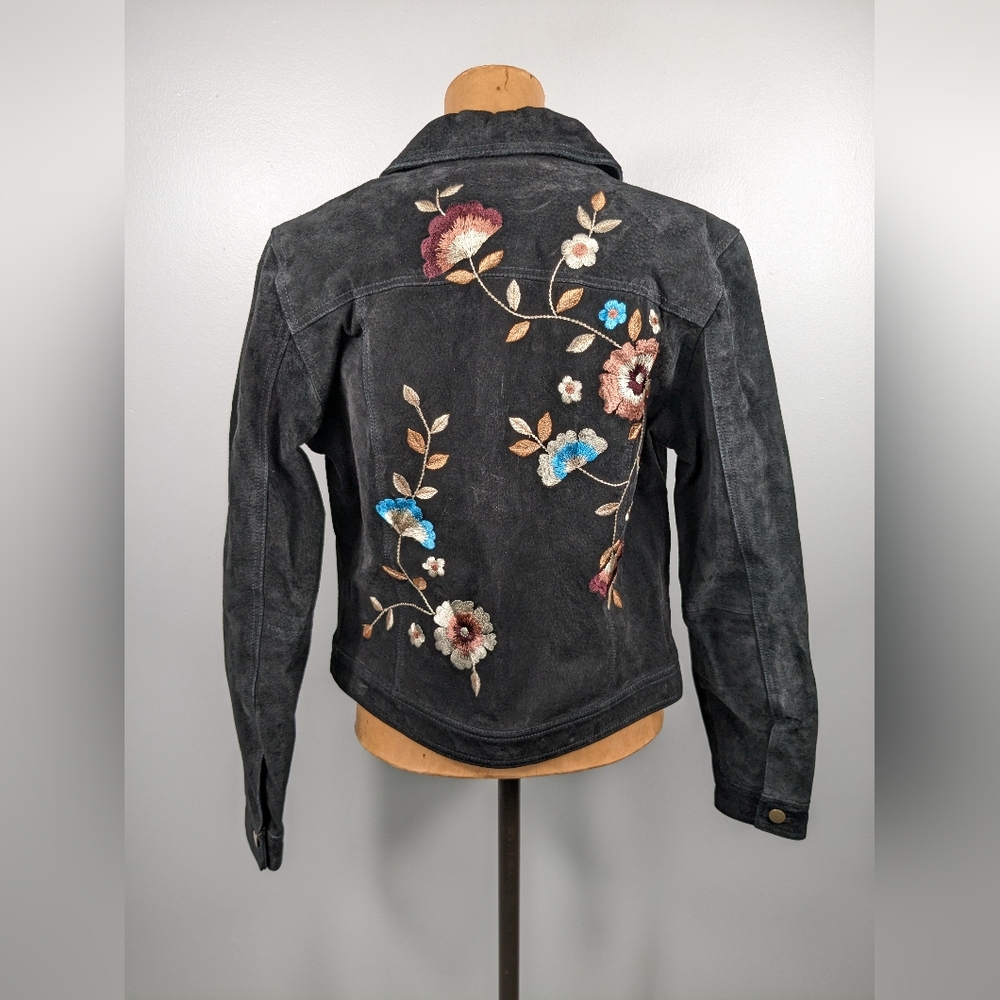 Brandon Thomas Suede Leather Jacket Womens Sz M Long Sleeve Button Floral Black - Picture 2 of 12